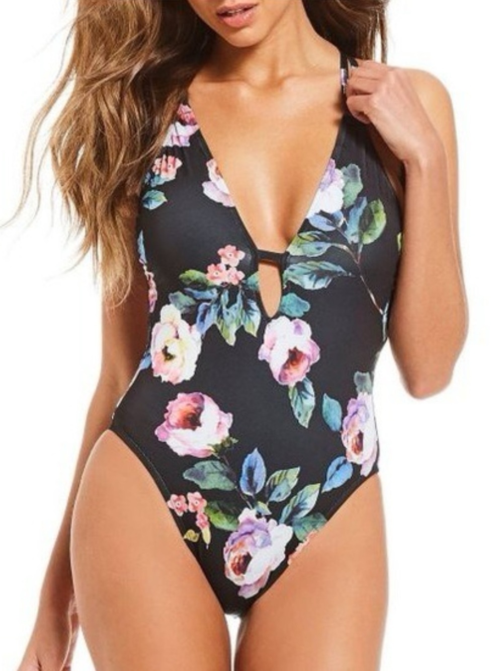 Gianni Bini Black Floral Swim one piece with Pink, Purple & Green Accents
